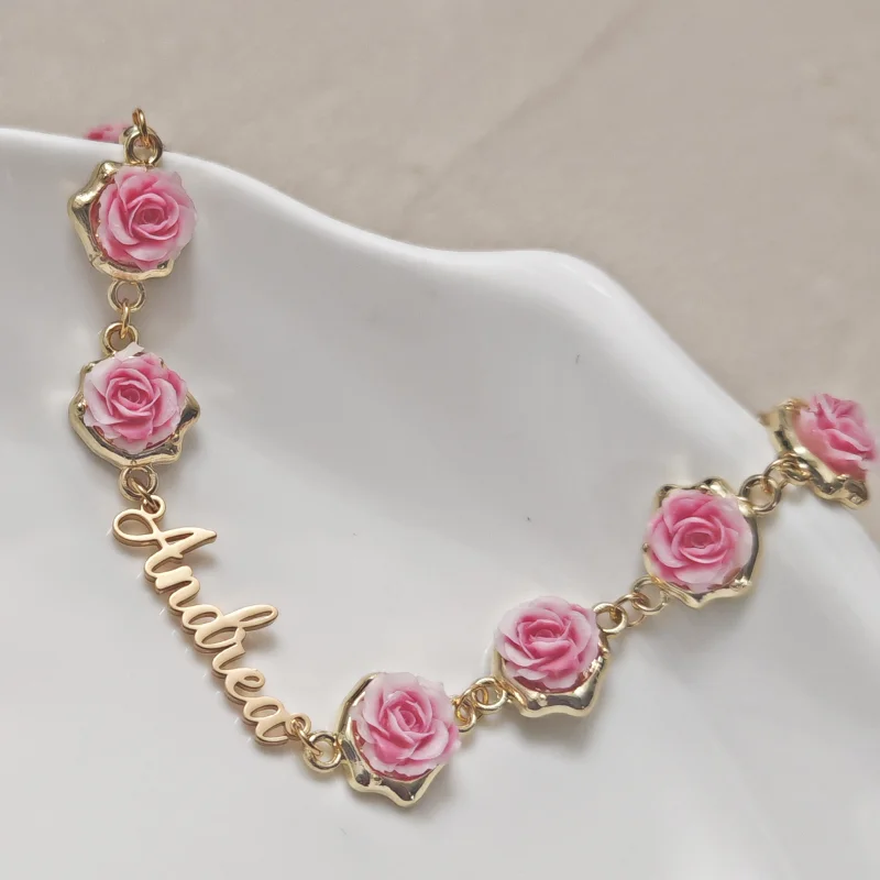 Customized Name Rose Pendant Bracelet Women's and Girls' Jewelry Stainless Steel Personalized Nameplate Bracelet Best Friend Gif