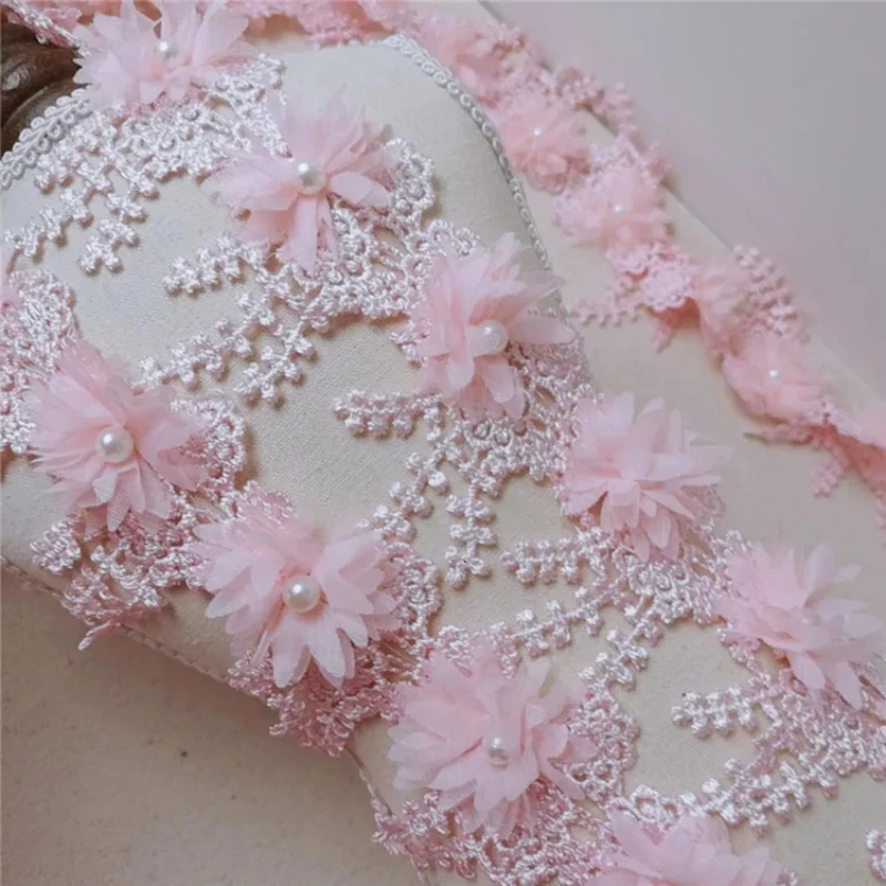 8cm Wide Trend Three-dimensional Beaded Chiffon Flower Tassel Lace Trim DIY Clothes Skirt Wedding Headdress Fabric Flowers