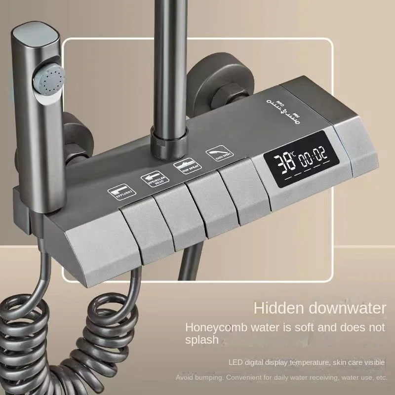 Imagem -05 - Inteligente Banheiro Digital Display Torneira do Chuveiro Conjunto Sistema Cinza Gun Grey 4-way Rainfall Bathroom Mixer Conjunto de Chuveiro Bidé