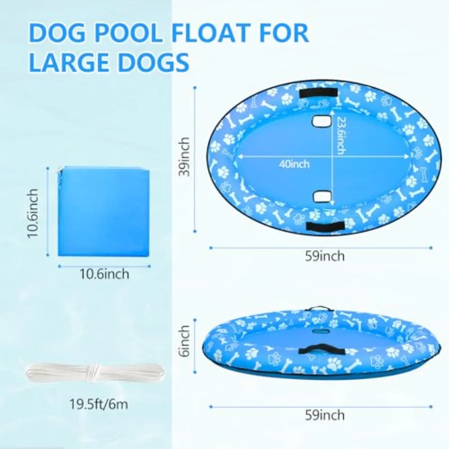 59'' x 39'' opblaasbare hondenzwembadvlotter met touw - scheurbestendig osmateriaal blauwe kleur stabiele ondersteuning voor klein, middelgroot, groot D