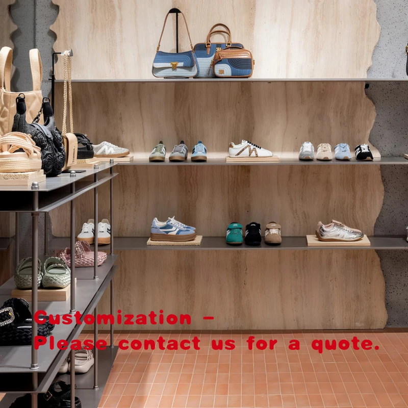 

Изготовленный на заказ коричневый прочный витринный шкаф для обуви и сумок, стеллажи для магазина, светодиодная подсветка, ламинированные полки