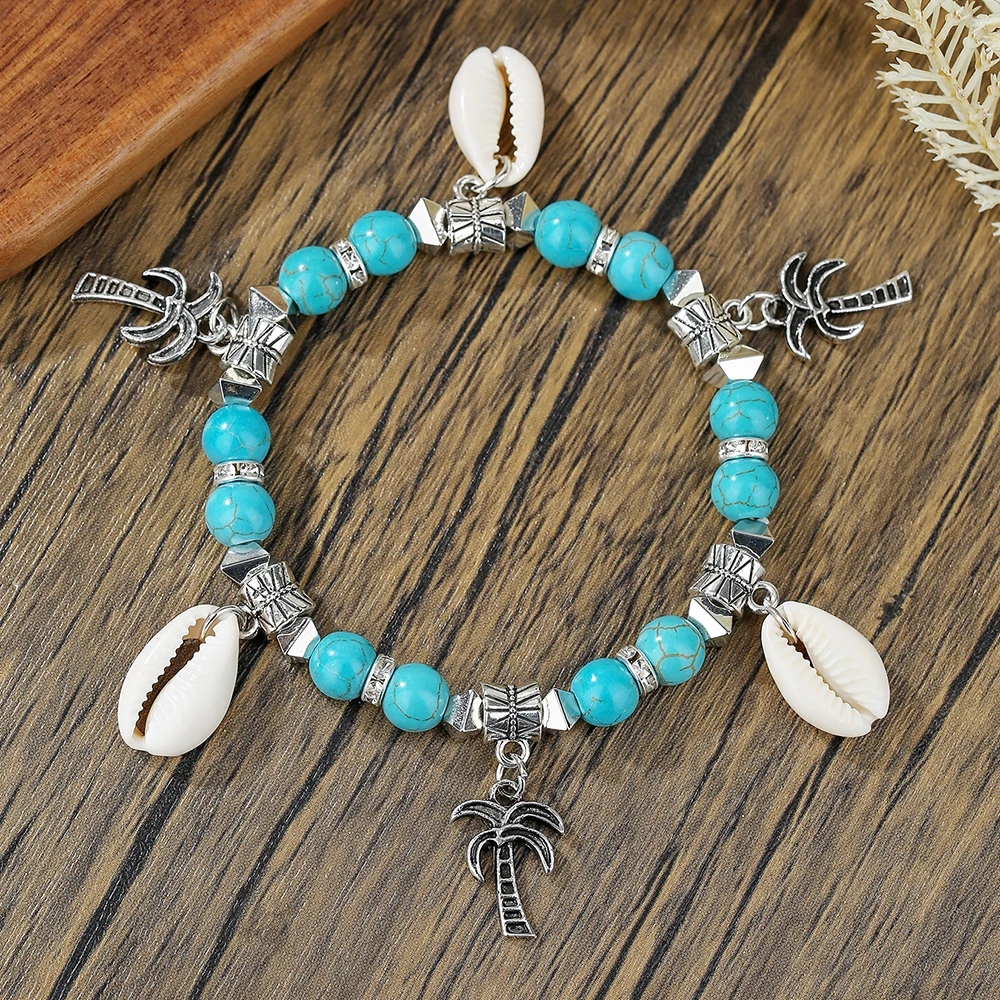 

Boho Multicolor Natural Stone Turquoise Bracelet Seashell Turtle Coconut Scallop Conch Pendant Bracelets Beach Jewelry for Women