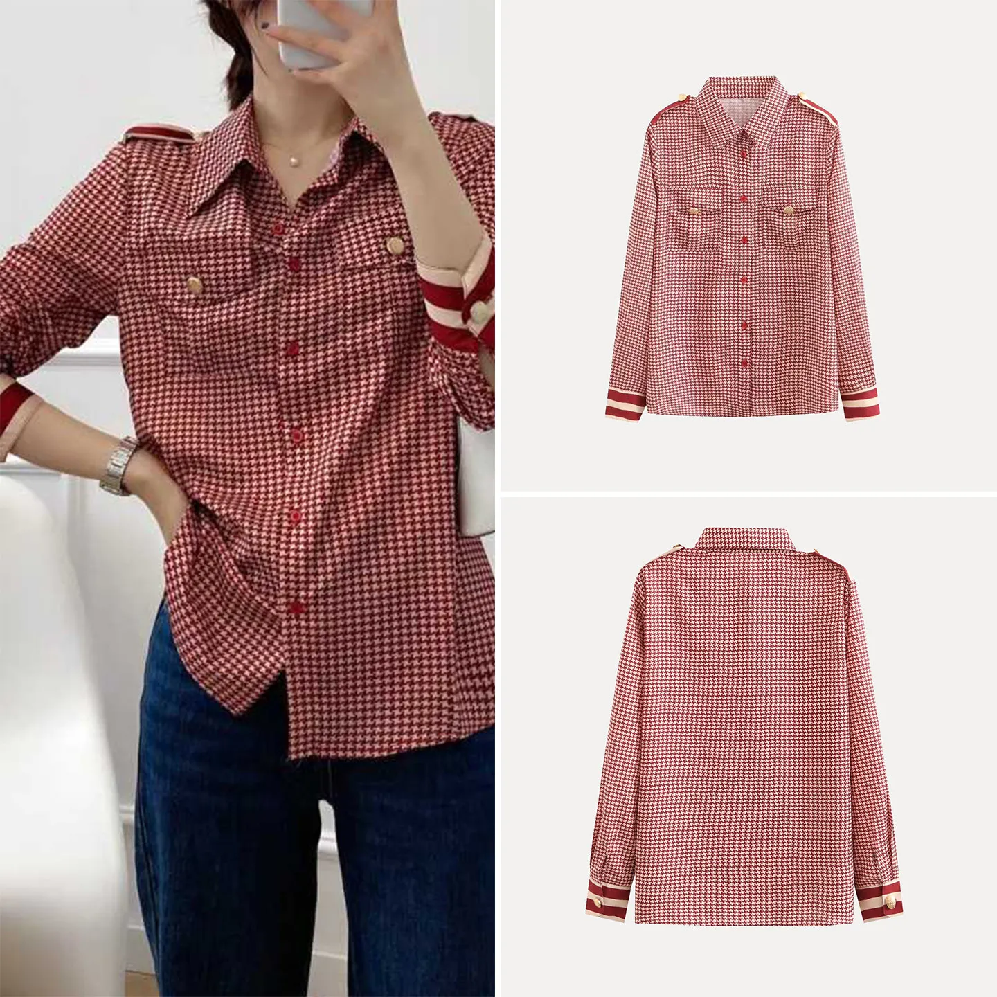 

Faionable Plaid Splicing Wine Red irt для женщин, зима 2025, сезонный новый Sle Personali, универсальный европейский длинный длинный ...