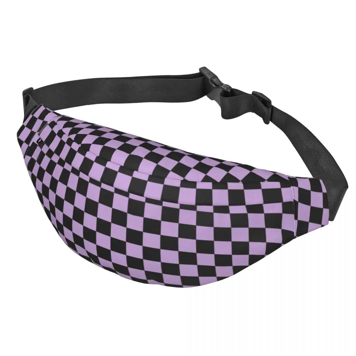 Customized Checkerboard Pattern Lavender And Black Fanny Pack Sling Crossbody Waist Bag Cycling Camping Phone Money Pouch