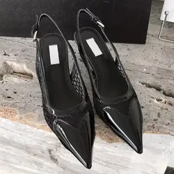 Designer Brand Women's Shoes Mesh Heart shaped Pointed Leather High Heels Baotou Slippers Sexy Thin Heels Muller Cool Straw