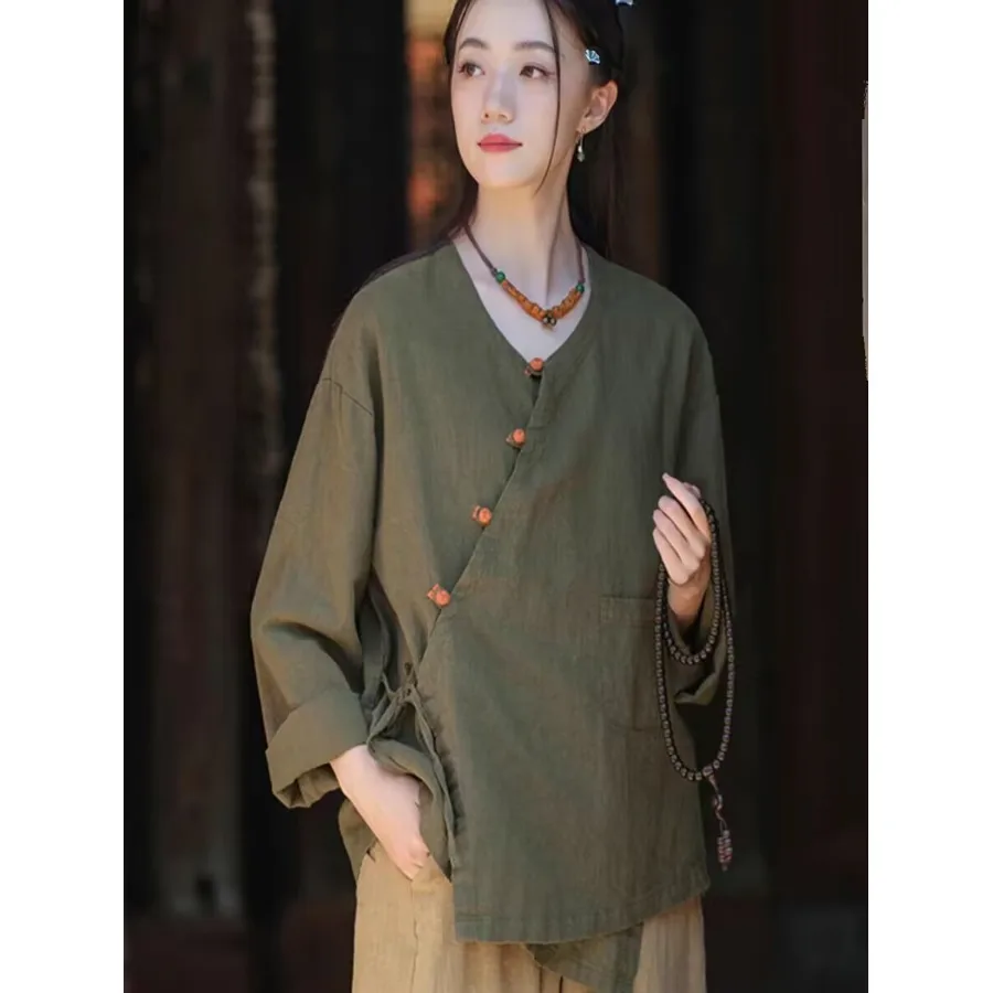 

Retro Button up Cotton Linen ort Coat Women's irt Tie Waist Travel Photoaphy Autumn Season V-Ne Long Sve Pure Color