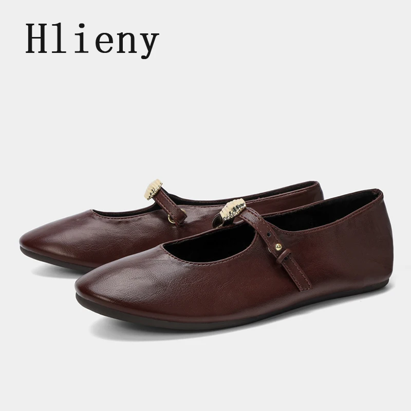 

Hlieny Fashion Design Metal Decoration Strap Ballet Flats Women Loafers Retro Round Toe Cozy Soft Leather Mary Jane Shoe Size 42