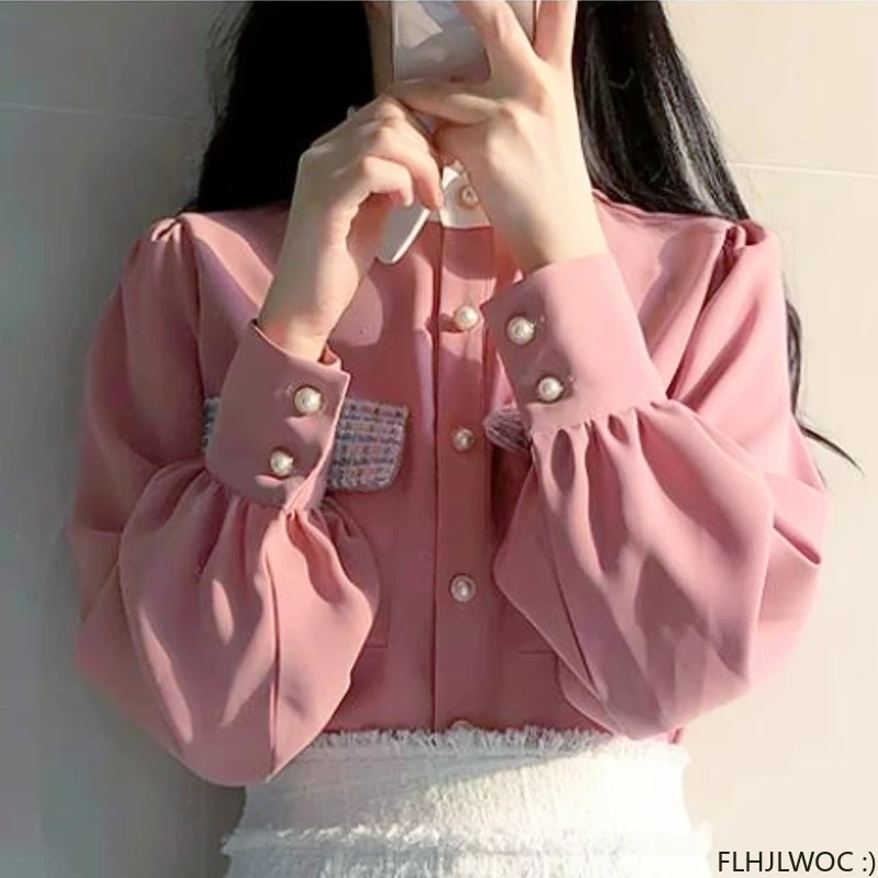 Women 2024 Cute Sweet Tops Pink Korean Japanese Style Design Pockets Long Sleeve Elegant Formal White Button Shirt 3520