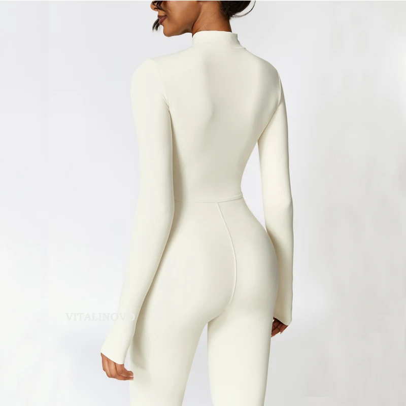 VITALINOVO Damen-Trainingsanzug mit Fleece-Futter, langärmlig, mit Reißverschluss, Yoga-Overall, Winter, warm, Thermo-Einteiler, figurbetonte Hose – Detail 8