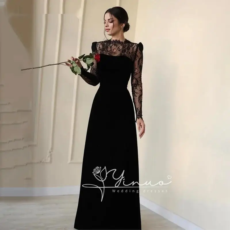 customized Sexy Black Lace Prom Dress Women's High Neck Long Sleeve Party Evening Gown Floor Length Formal Occasion Dresses 2025