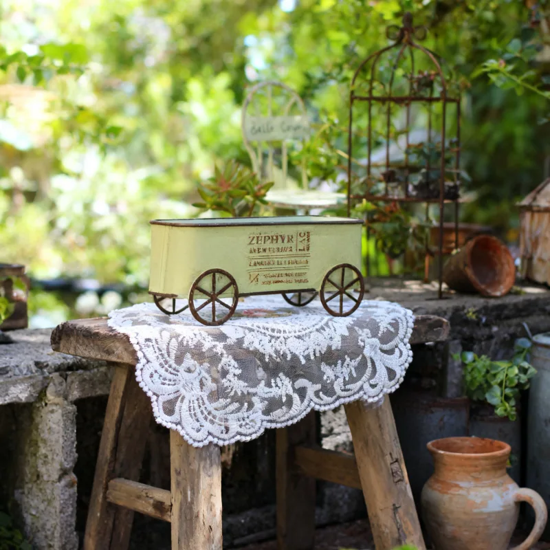 Trending Retro Iron Wagon Flower Pot, 4-Wheel Rolling Succulent Planter for Patio & Courtyard