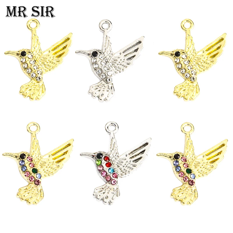 

10pcs Rhinestones Creative Flying Birds Charms Cute Animals Hummingbird Alloy Crystals Pendants Handmade Making Jewelry Findings