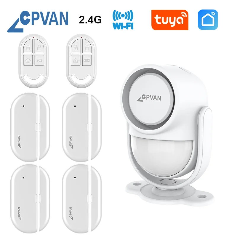 CPVAN Wireless WIFI 2.4G Tuya Smart Home Alarm System Home Burglar security Alarm Door/Window Sensor 125dB Motion Sensor Alarm