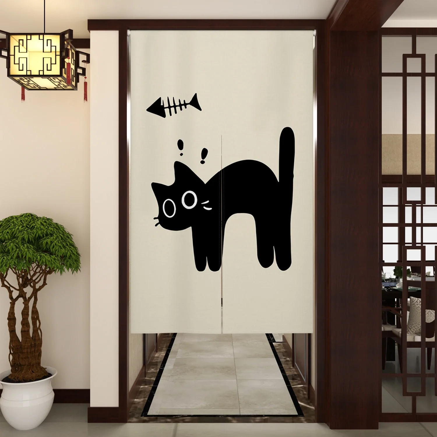 Cute Cartoon Cat Door Curtain Black White Chinese Slogan Print Velcro Doorway Curtains Kitchen Entrance Hanging Half Curtains