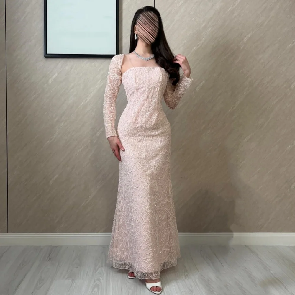 

Customized Elegant Lace Evening Gowns Charming Trumpet Pink Long Dresses High Quality Elegant Party Wedding