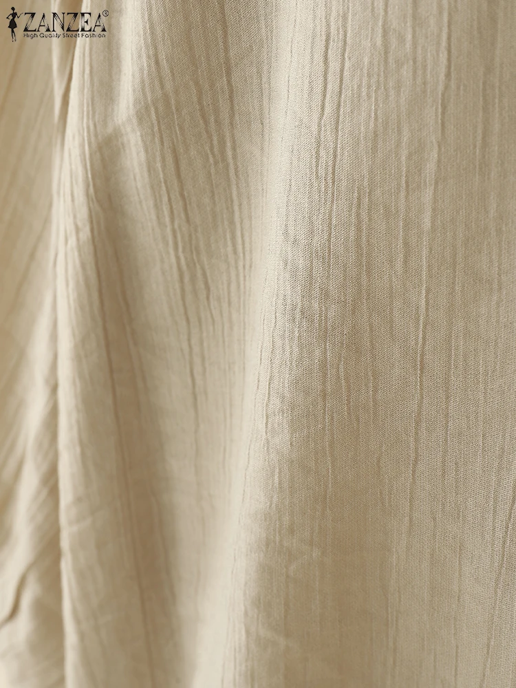 ZANZEA ผู้หญิง Crinkled Texture เสื้อ 2025 ฤดูใบไม้ร่วงแฟชั่น LACE-Up Mandarin COLLAR 3/4 Sleeve Blusas Mujer Elegant Solid Tops