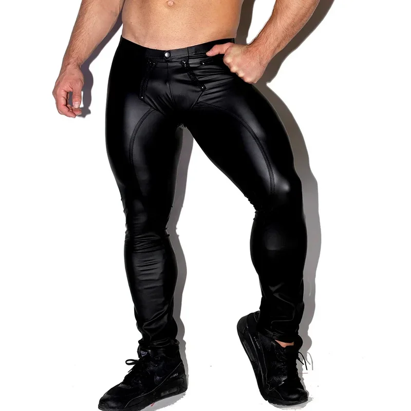 

Mens Skinny Wetlook Shiny Black PU Leather Zipper Open Crotch Trousers For Male Trouser Stage Club Wear Biker Pants Gay Wear