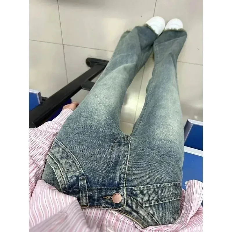 High Waist Bell Bot Jeans Women's Elastic Micro Flared Denim Pants Summer New plus Size Big MM Design Sense Frayed Hem