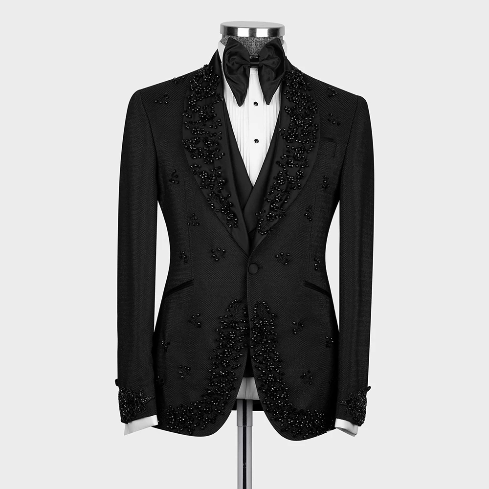 

Customized Black Suits Men For Wedding Pearls Beaded 3 Pieces (Jacket Vest Pants ) Groom Tuxedos Man Business Prom Blazers Sets