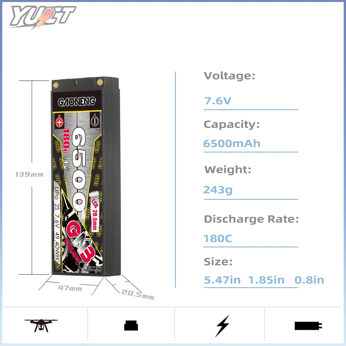 YUCT GNB para carreras RC coche barco 6500mAh 2S 7,6 V HV 180C cáscara dura de perfil bajo batería LiPo corta 5,0mm bala XT60 T enchufe