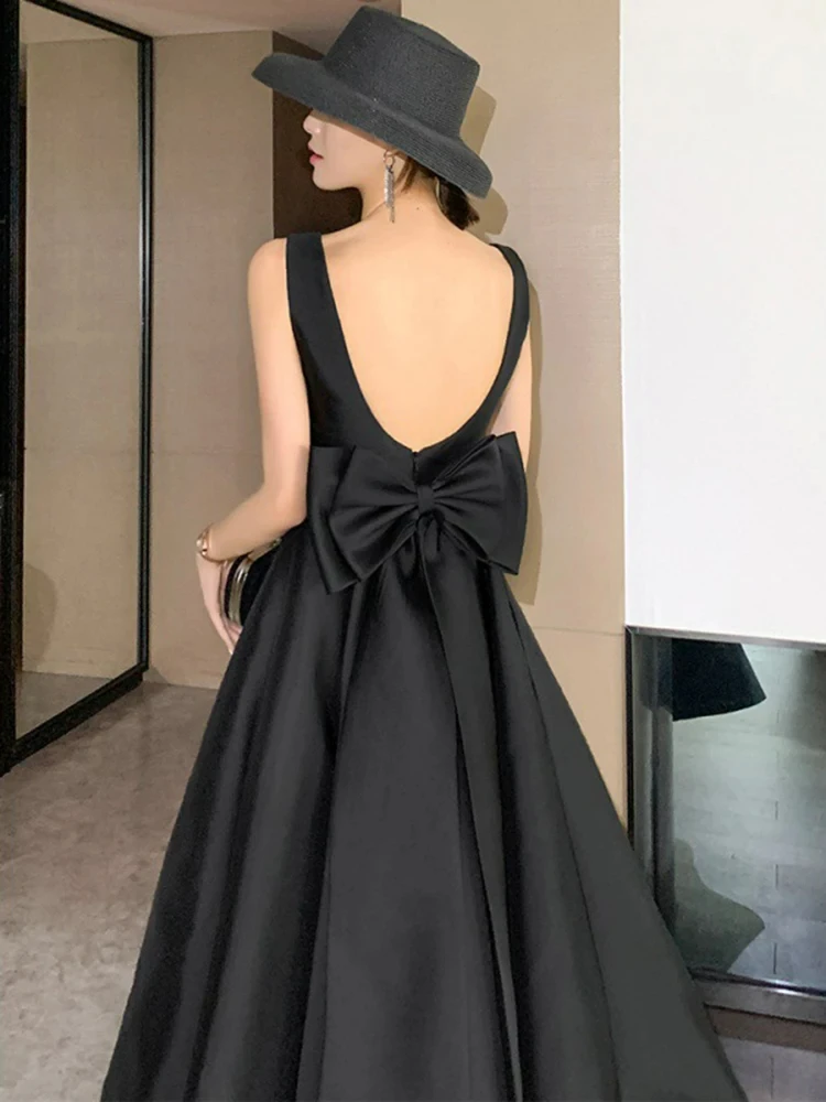 Robe de soirée noire dos nu avec grand nœud papillon pour femme, robe de Rh, robe de Rh, longue, élégante, sexy, éducative, invité, fête,