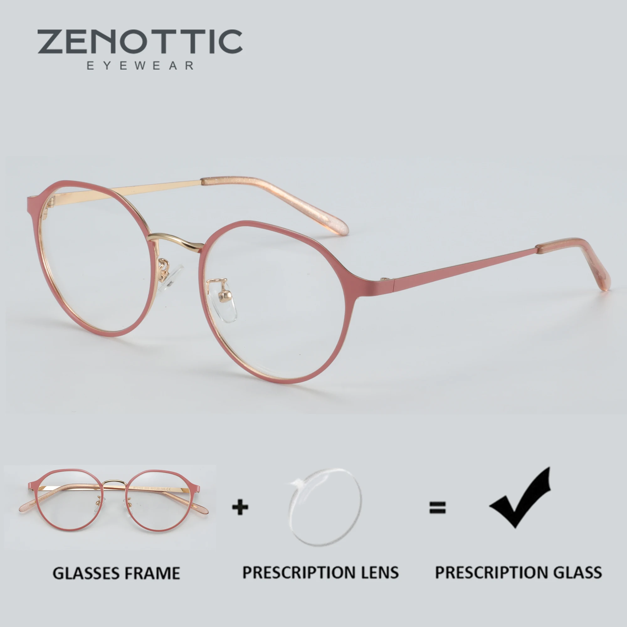 ZENOTTIC (L Size) High-quality Metal Prescription Glasses Round Myopia Eyewear Fashion Optical Eyeglasses for Women