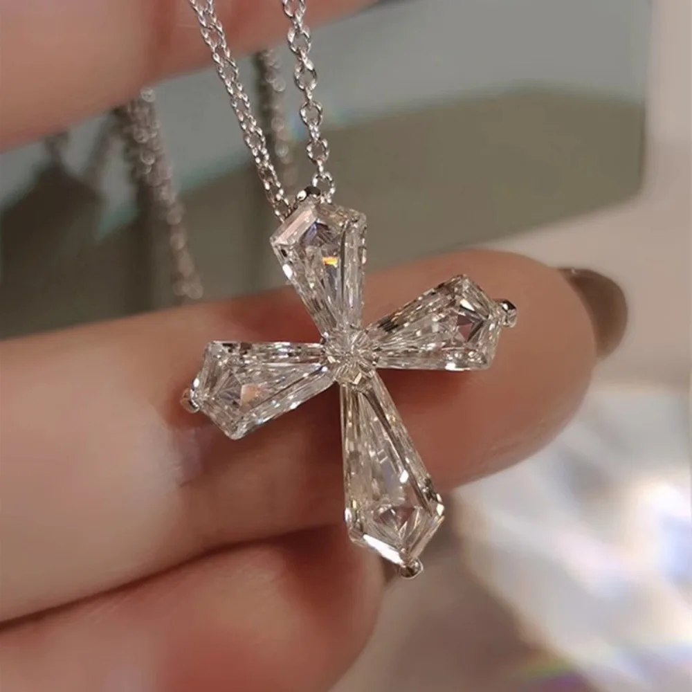 Fashion Luxury Super Flash Crystal Cross Pendant Necklace for Women High Quality 5A Zircon Stainless Steel Collar Chain Jewelry