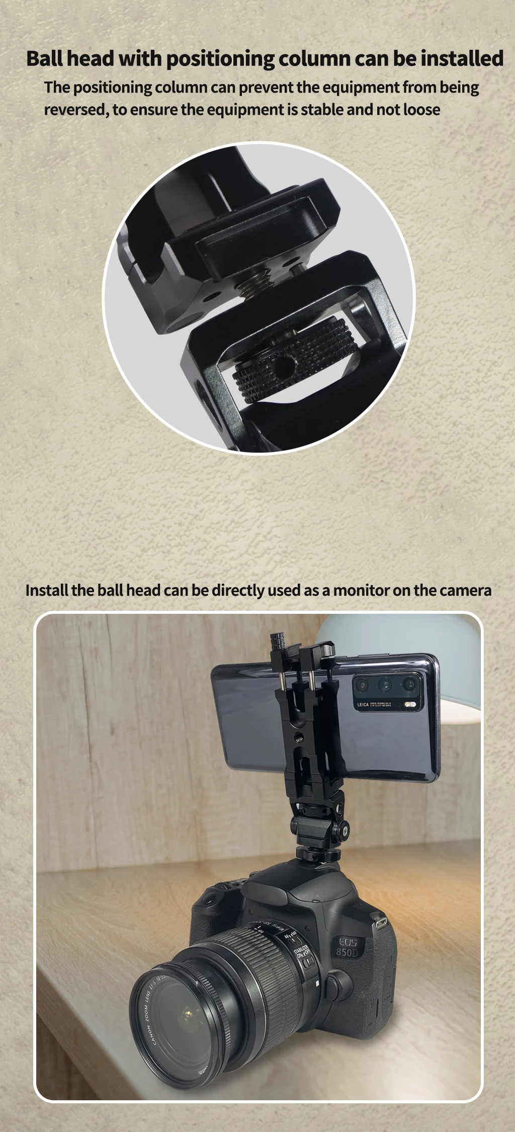 BGNing Handy-Clip-Monitorhalterung aus Aluminiumlegierung mit 1/4-Zoll-Arri-Positionierungsloch, Schnellverschluss für 62–87 mm große Smartphones – Detail 6