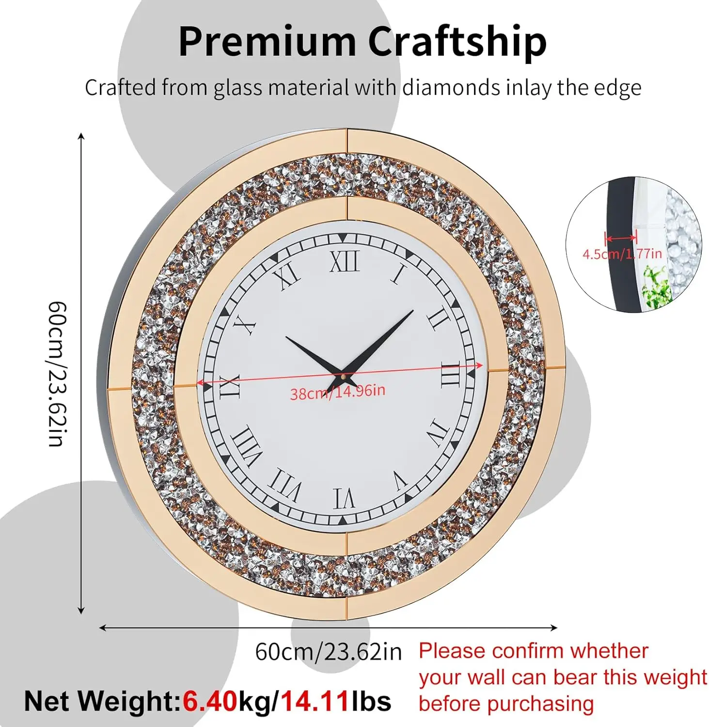 Crushed Diamond Wall Clock Round Decorative Mirrored Clock 24 inch Brown living room decoration clocks wall home decor