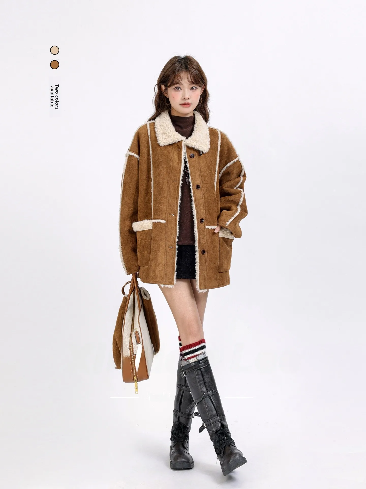 

Thiened Warm Splicing Suede Fur Jaet Winter Women's Loose Vintage American Sle Mid-Length Cotton Coat Warm Flap Design
