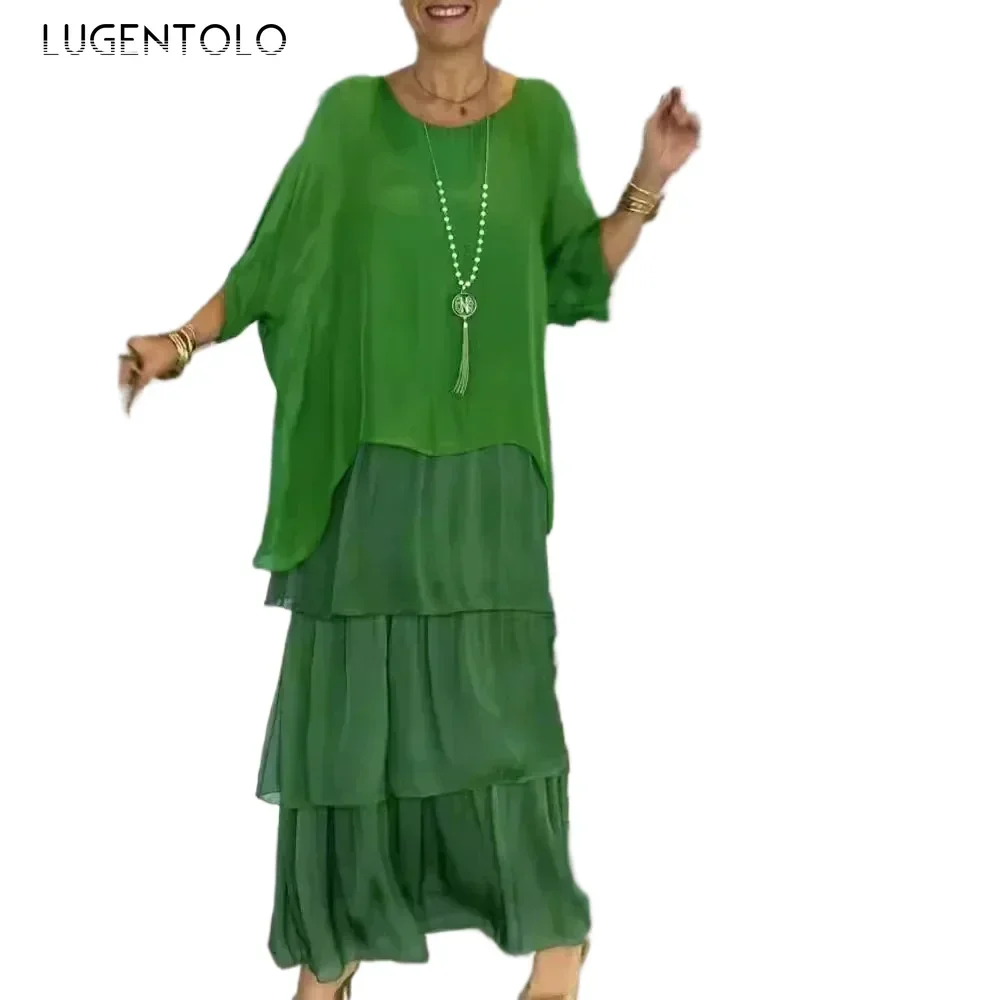 فستان شيفون نسائي بأكمام واسعة ورقبة دائرية صيفية فضفاضة غير رسمية بلوفر نسائي كبير سوينغ بسيط كشكش قماش طويل متاح 4XL