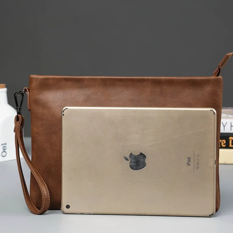 Bolso de mano de cuero Crazy Horse para hombre, cartera de mano masculina, de lujo, Estilo Vintage, para IPAD