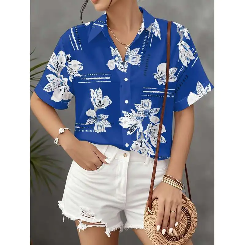 Women Casual Short Sleeve Button Up Shirt Royal Blue Floral White Line Pattern Fashion Top Machine Washable