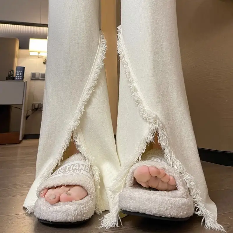 سراويل سميكة متماسكة للنساء للخريف والشتاء سراويل أرز لزجة ناعمة بشرابة عالية الخصر سراويل مدببة للتنحيف