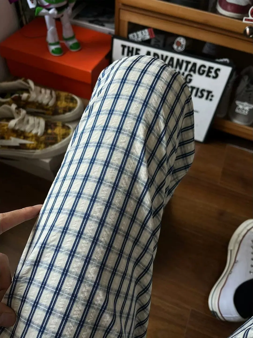 Blue Plaid Bubble Cloth Pants Men Women Summer Thin Straight Casual Trousers Quick Dry Loose Fit Comfortable Lightweight