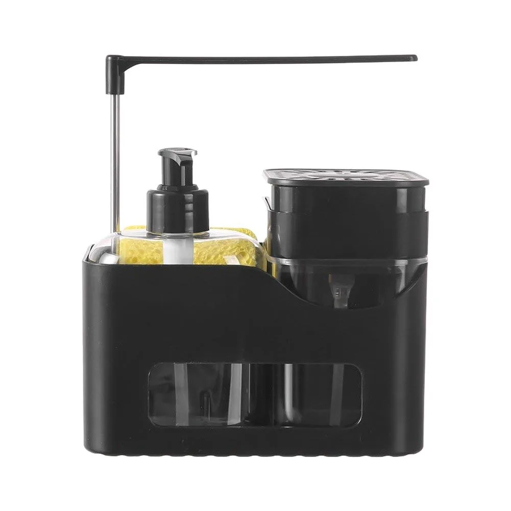 For Kitchen Sink Organizer with for Dual Soap Dispenser Sponge Holder Dishcloth Rack Brush Stand ABS Black 5-in-1 Design