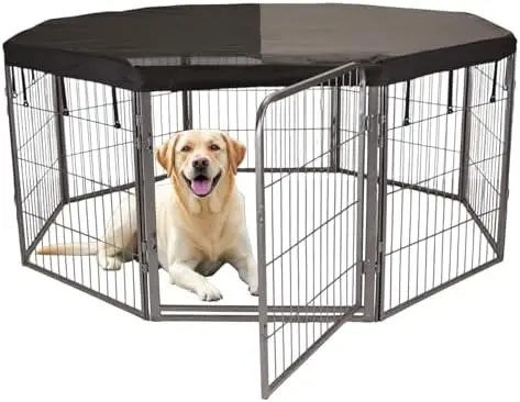 Dog Playpen w/Octagon Top Shade Cover - 32 inch, 8 Panel Portable Grey Metal Pet Play Pen for Small & Medium Dogs