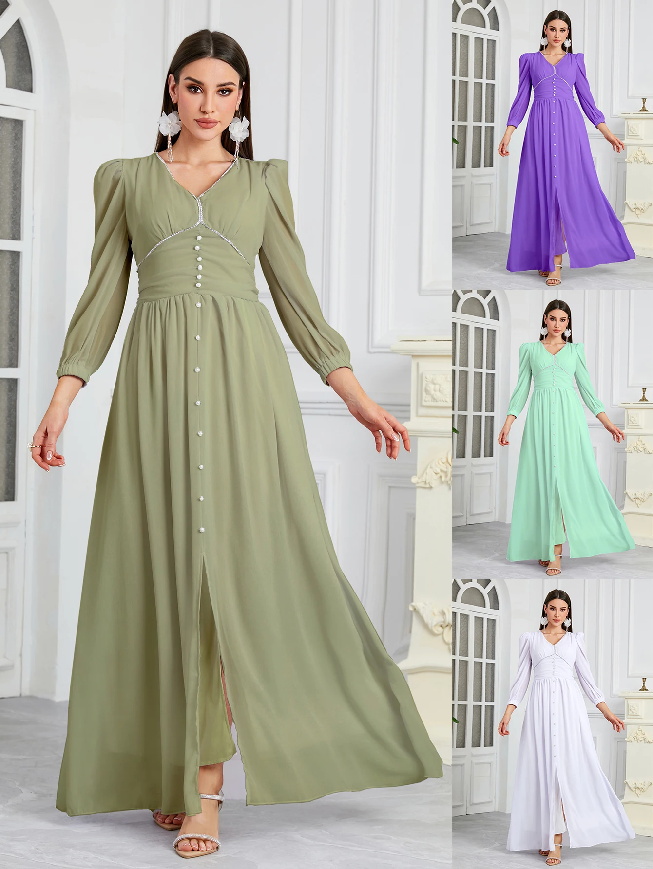 

Plus Size Wow! New Elegant Solid Chiffon Dress with Waist-Cinching & Handcrafted Rhinestones - Dazzle at Any Event!