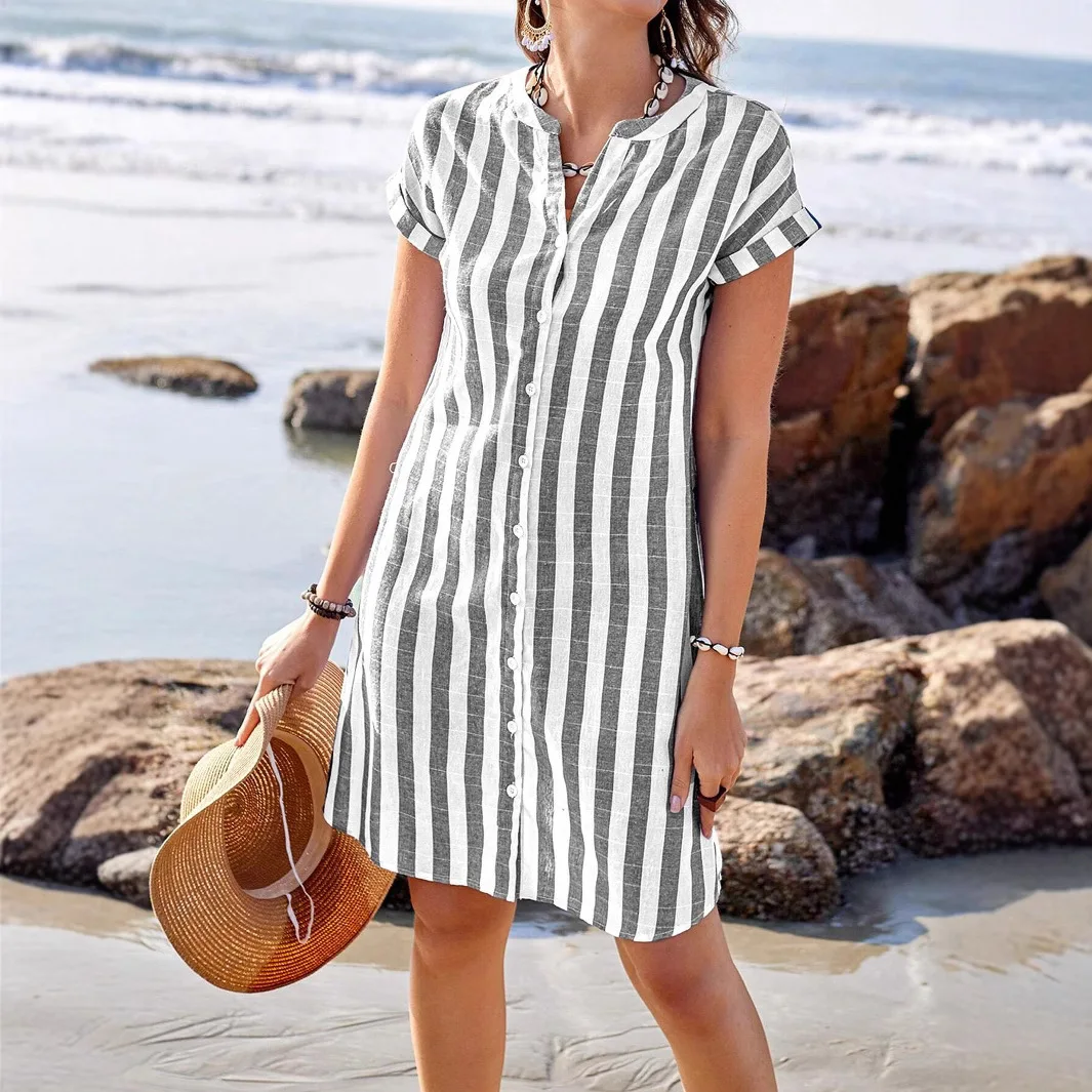 Damen Sommer-Hemdblusenkleid Elegant Lässig Gestreift Stehkragen Vorderer Knopfverschluss Lose Kurzarm-Kleider