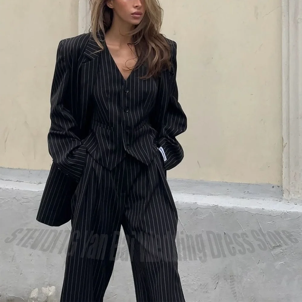 

Black Striped 3 Piece Women's Suit Regular Fitted Notch Lapel Trousers Set Office Work Business Formal Events Streetwear