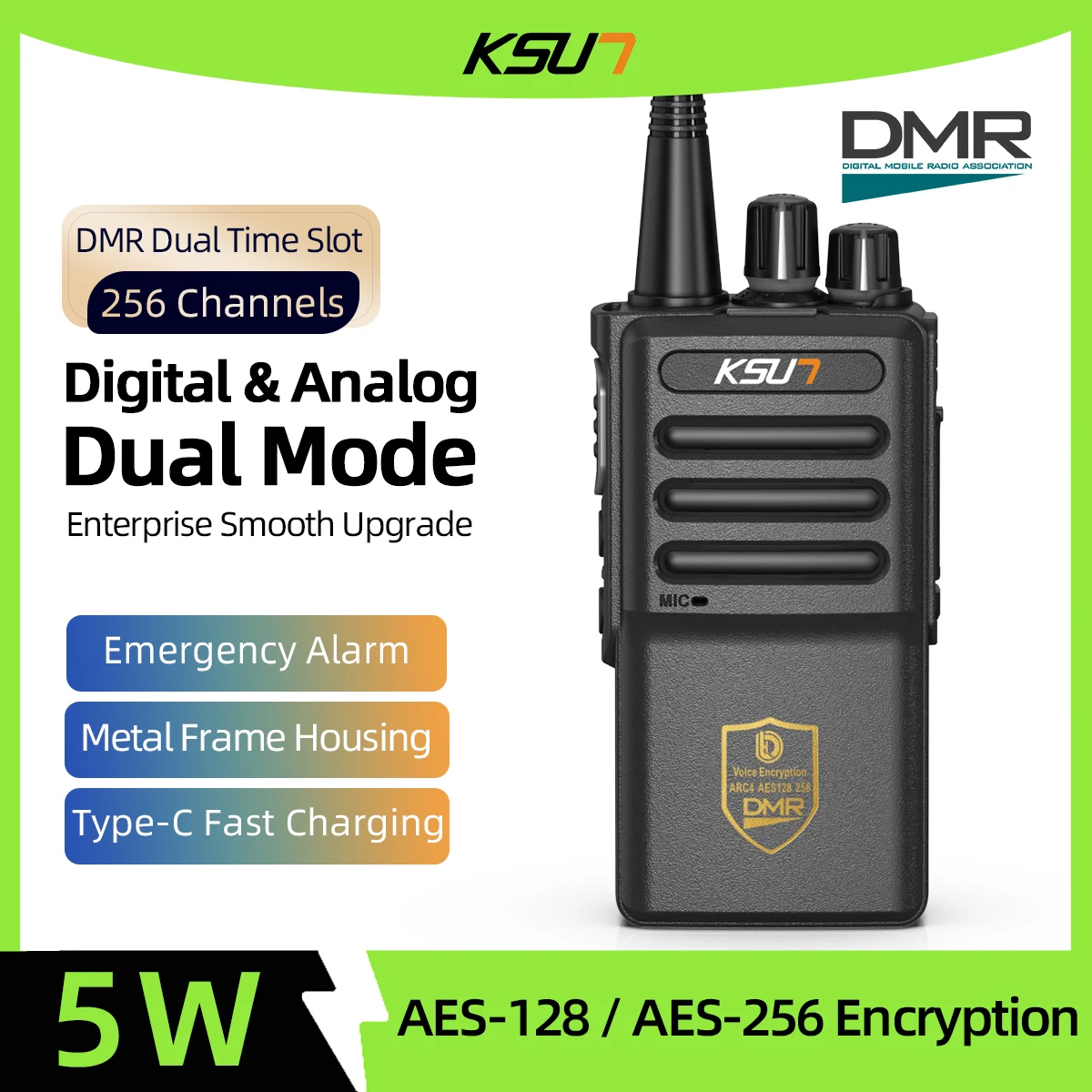 KSUN DM12: DMR Dual-Slot Analog/Digital Radio with AES-256, 256 Channels, 10-Day Standby & USB-C Fast Charge.