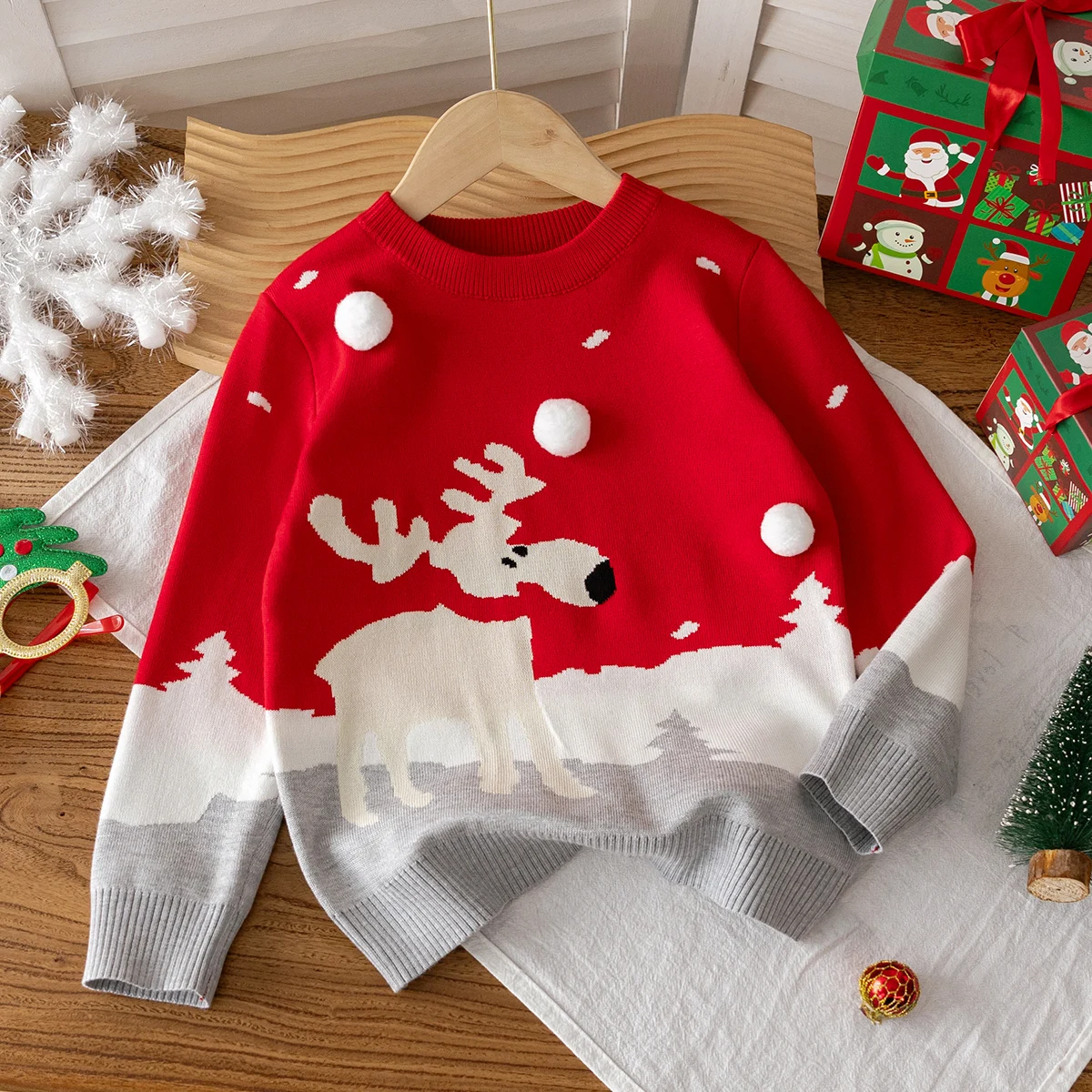 Girl Cute Style Christmas Deer Sweater Knitted Pullover Suitable for Holiday Leisure Spring Autumn Winter