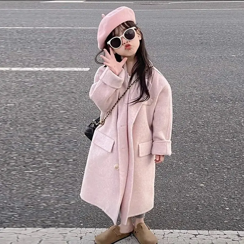 Girls Woolen Coat Overcoat Jacket Windbreak 2023 Pink Warm Thicken Winter Cotton Teenagers Outwear Children\'s Clothing