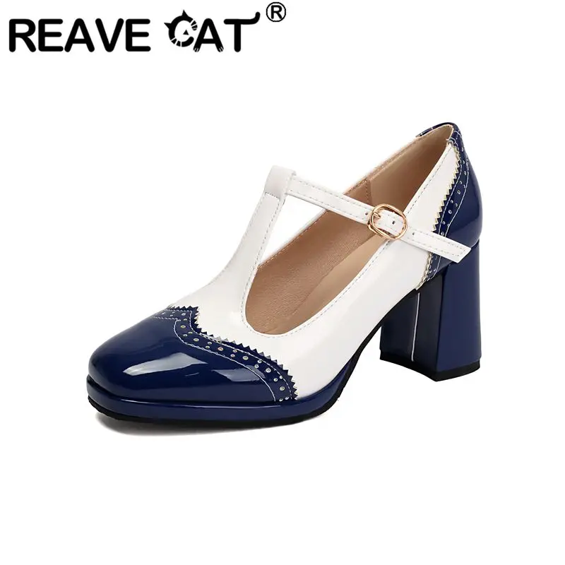 

Туфли-мэри-джейн REAVE CAT синие, с круглым носком, на массивном каблуке 7,5 см, на платформе, с Т-образным ремешком и пряжкой, разноцветные, большие размеры 45, 46, 47, стильные туфли