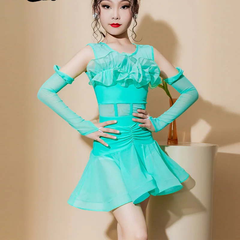 

Костюмы для латинских танцев для весенне-летних девочек, детские тренировочные костюмы, костюмы для выступлений, новая кружевная большая юбка