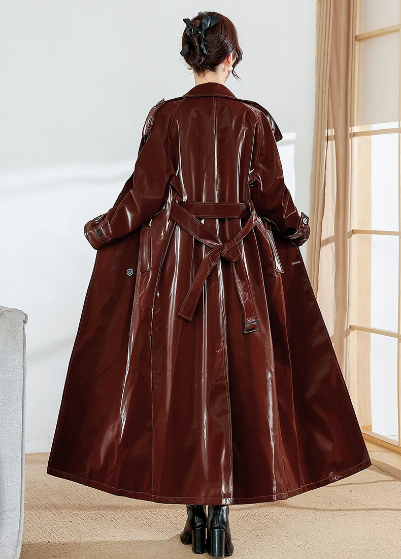 Lautaro Spring Autumn Extra Long Oversized Cool Reflective Shiny Black Patent Leather Trench Coat for Women Belt Runway Fashion
