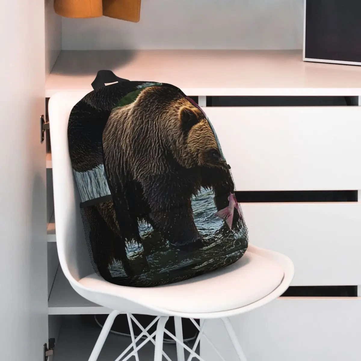 Grizzly Bear Nature Eating Fish In A Stream Backpack Student BookBag Children School Bag Computer Shoulder Bags for Men Women