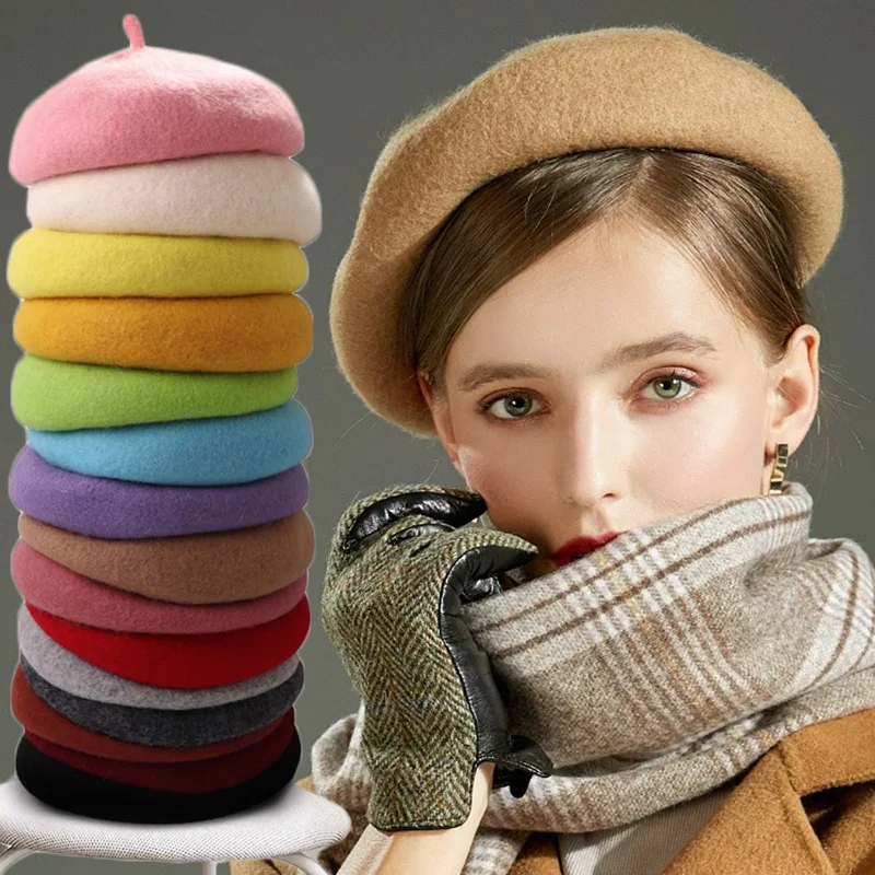 Women Wool Berets French Artist Style Warm Winter Beanie Hat Retro Plain Beret Solid Color Elegant Lady All Matched Autumn Caps