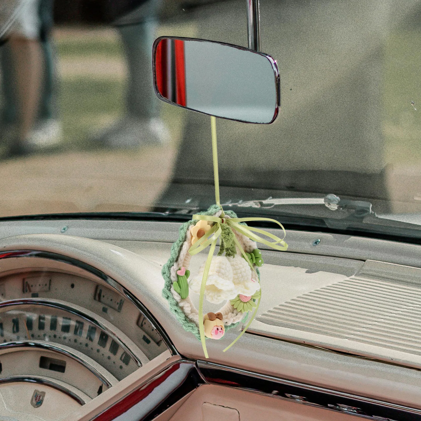 

Crochet Lily Flower Rearview Mirror Hanging Decoration Durable Car Accessories for Women Cute Car Interior Decor