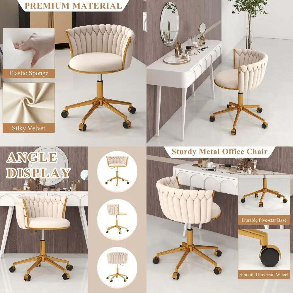 

360 ° Вращающийся регулируемый по высоте бархатный стул для рабочего стола на колесиках, полукруглый табурет для макияжа для женщин, бежевый